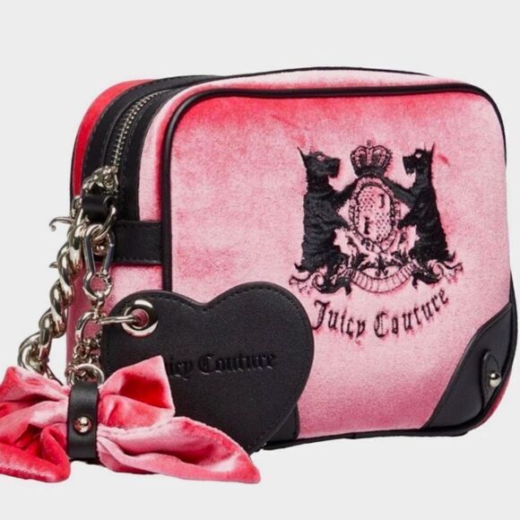 Juicy Couture Hollyhock Candy Pink Velour & Black Faux Leather Crossbody Bag - Picture 4 of 15